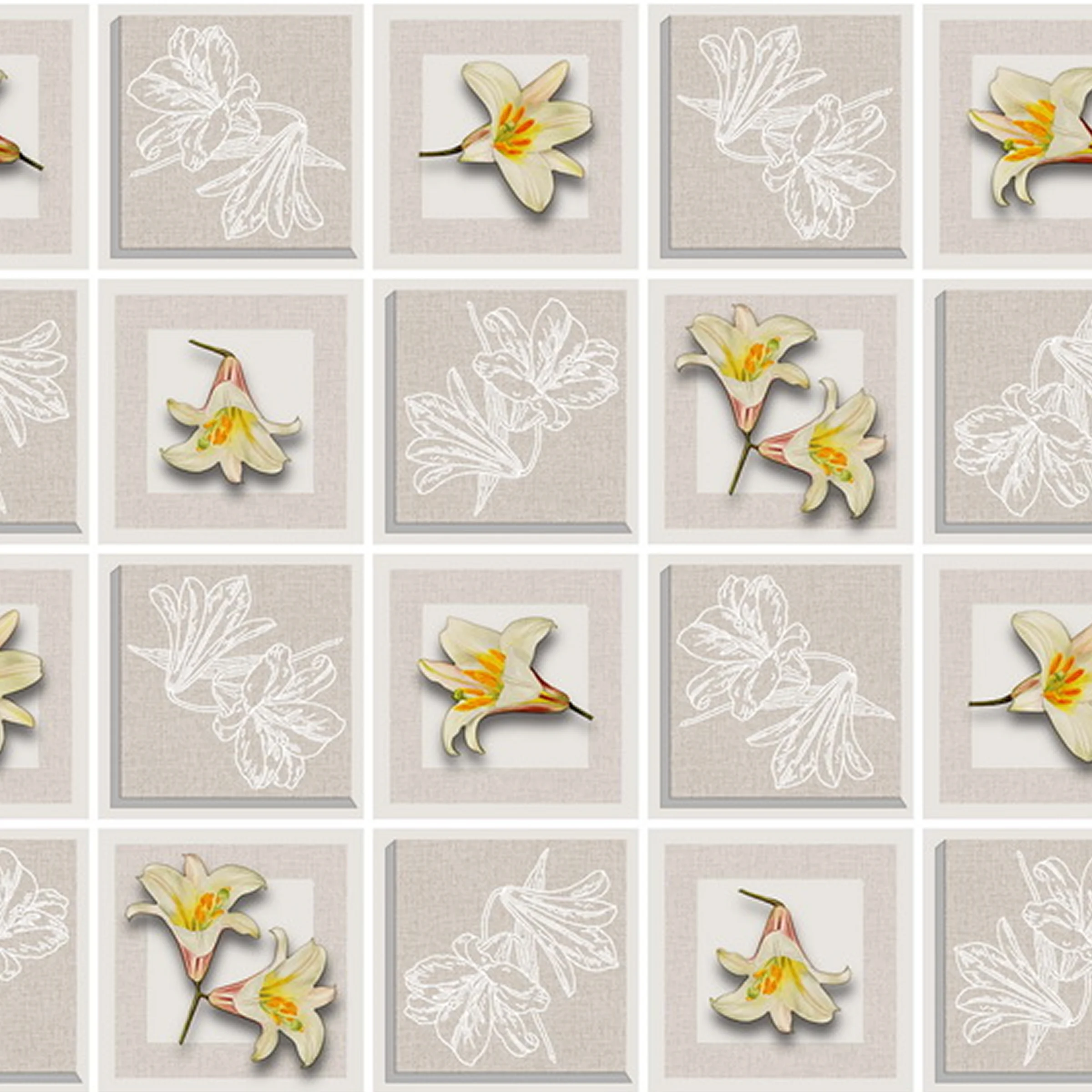 Cerata Stołowa PVC na Włókninie – Delikatne Kwiaty w Kafelki – Beżowa