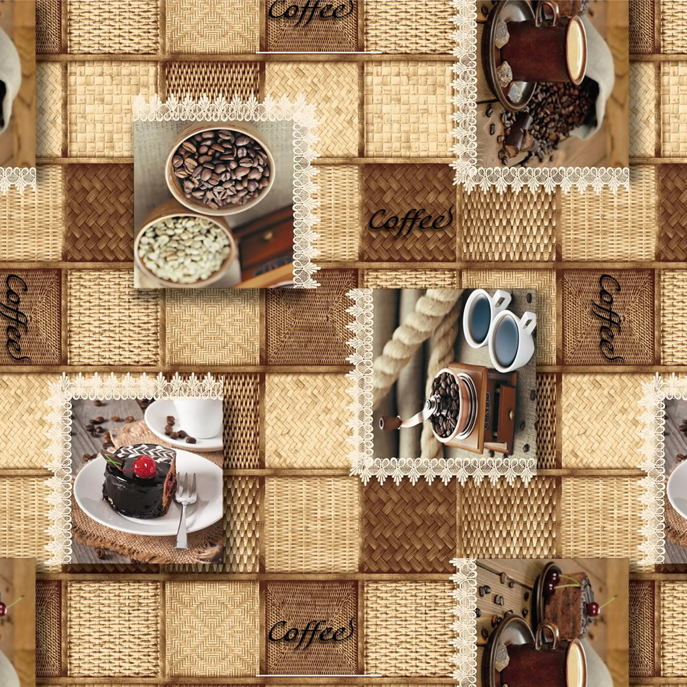 Cerata Stołowa PVC na Włókninie – Patchwork Kawowy – Filiżanki i Kawa